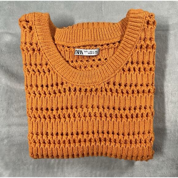 ZARA Sleeveless Size L Crew Neck Open Knit Orange Sweater Vest Autumnal Layering - Picture 2 of 11
